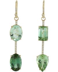 Artisan - 18k Solid Gold In Multi Shape Green Tourmaline Gemstone & Pave Diamond Dangle Earrings - Lyst