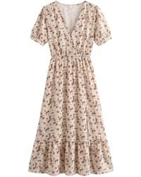 LAtelier London - Neutrals Floral V-Neck Midi Tea Dress - Lyst