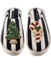Laines London - Flatform Stripe Closed Toe Slippers With Christmas Tree & Candy Cane Brooches - Lyst