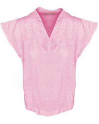 Haris Cotton - Linen V-Neck Blouse With Short Flutter Sleeves Powder - Lyst