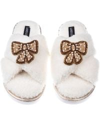 Laines London - Neutrals Neutral Boucle Slippers With & Pearl Beaded Pretty Bow Brooches - Lyst