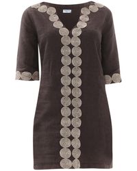 Haris Cotton - Lace Insert Mini Linen Dress With V Neckline - Lyst