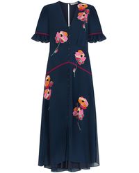 Hope & Ivy - The Niamh Embroidered Frill Sleeve Button Front Midi Dress With Ladder Trim - Lyst