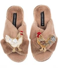 Laines London - Neutrals Classic Laines Slippers With Chicken & Rooster Brooches - Lyst