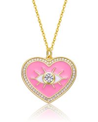 Genevive Jewelry - Rachel Glauber Young Adults-teens Yellow Gold Plated With Clear Cubic Zirconia Pink Enamel Heart Evil Eye Pendant Necklace - Lyst
