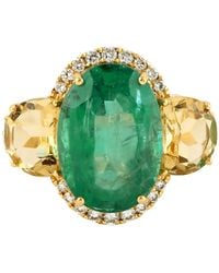 Artisan - Handmade 18k Gold Citrine Emerald Diamond Three Cocktail Ring - Lyst