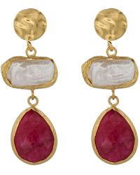 Ebru Jewelry - Vintage Style Pearl & Ruby Gemstone Gold Earrings - Lyst