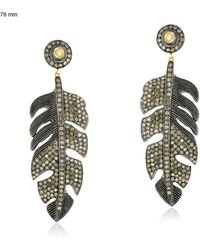 Artisan - Natural Diamond & Moonstone With 18k Gold Silver Feather Design Dangle Earrings - Lyst
