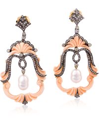 Artisan - 18k Gold & Silver In Shall Cameos With Peral Chiness Pave Diamond Designer Dangle Earrings - Lyst
