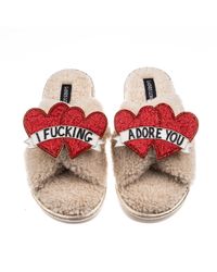 Laines London - Neutrals Laines Neutral Boucle Slippers With I Fucking Adore You Brooches - Lyst