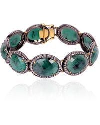 Artisan - 18k Gold & 925 Silver In Oval Cut Emerald With Pave Diamond Fixed And Flexible Bracelet - Lyst