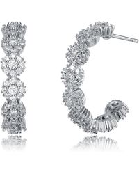 Genevive Jewelry - Sterling Silver With Rhodium Plated Clear Round Cubic Zirconia Flower Cluster Hoop Earrings - Lyst