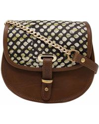 N'damus London - Mini Victoria Amaka Olive Green & Black Spotted African Print Full Grain Tan Leather Crossbody Saddle Bag With Gold Chain - Lyst