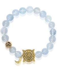 Aurozia - Three Charms Solar Meridian Whitegold Plated Sundial And The Sun Coin Aquamarine Beaded Bracelet - Lyst