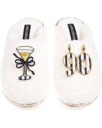 Laines London - Neutrals Teddy Closed Toe Slippers With Stripe 90Th Birthday & Champagne Glass Brooches - Lyst