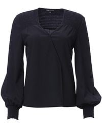 Carloslines - V-Neck Bishop Sleeve Smocked Shoulder & Cuff Faux Wrap Blouse - Lyst