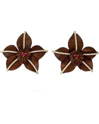 Artisan - Natural Diamond Flower Wood Stud Earrings 18k Yellow Gold Ruby Gemstone - Lyst