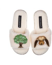 Laines London - Teddy Toweling Slipper Sliders With Bunny & Oak Tree Brooches - Lyst
