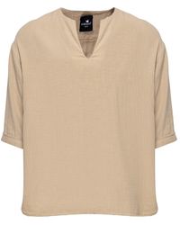 Monique Store - Bohemian V Neck 3.4 Sleeve Linen Shirt Camel - Lyst