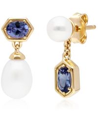 Gemondo - Modern Pearl & Tanzanite Mismatched Drop Earrings In Yellow Gold Plated Sterling Silver - Lyst