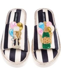 Laines London - Flatform Stripe Open Toe Slippers With Birthday Bubbles Brooches - Lyst