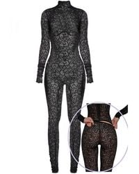 Monosuit - Premium Italian Textile Floral Lace Long Sleeve Turtleneck Full Bodysuit - Lyst