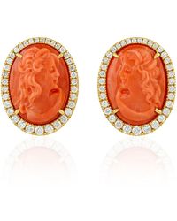 Artisan - Carved Coral Cameo & Diamond Stud Earrings - Lyst