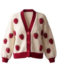 Ana Chic - Neutrals Burgundy Trim Strawberry Handmade Knitted Cardigan - Lyst