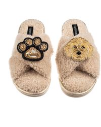 Laines London - Neutrals Boucle Slippers With Paw & Golden Cockapoo Brooches - Lyst