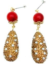 Farra - Coral With Teardrop Rhinestones Statement Earrings - Lyst