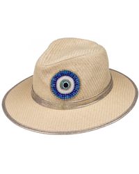 Laines London - Neutrals Straw Woven Hat With Couture Embellished Evil Eye Design - Lyst