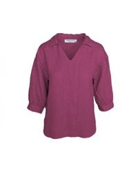 Haris Cotton - Linen V-Neck Blouse With Collar And Three Quarters Sleeves Tulip - Lyst