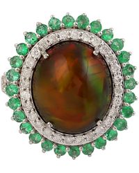 Artisan - 18k White Gold In Oval Cut Opal & Emerald Pave Diamond Vintage Cocktail Ring - Lyst