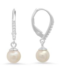Kylie Harper - Genuine Pearl & Diamond Cz Dangling Leverback Earrings - Lyst