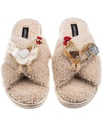 Laines London - Neutrals Laines Neutral Boucle Slippers With Chicken & Rooster Brooches - Lyst