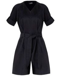 Monosuit - Short Sleeve Cotton V-Neck Tie-Waist Short Casual Jumpsuit Angela - Lyst