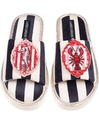 Laines London - Flatform Stripe Open Toe Slippers With Stripe Lobster & Seahorse Brooches - Lyst