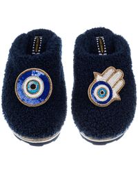 Laines London - Teddy Towelling Closed Toe Slippers With Evil Eye & Hamsa Hand Brooches - Lyst