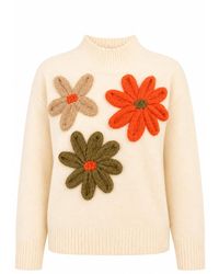 Yumi' - Ivory Knitted High Neck Jumper With Applique Flowers - Lyst