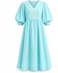 IZABELA MANDOIU - Aqua Midi Dress With Puff Sleeves And Decorative Trim - Lyst