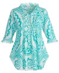 At Last - Sophie Cotton Shirt In Turquoise & White Ikat - Lyst