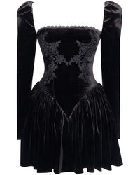 Miss Circle New York - Yolanda Velvet Long Sleeve Mini Dress With Lace Trim - Lyst
