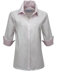 Perlavera - Sam Blush Stripe Hidden Placket Three Quarter Sleeve Slim Fit Cotton Oxford Shirt - Lyst