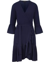 Conquista - Navy Wrap Dress Viscose With Bell Sleeves. - Lyst