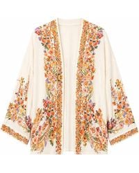 Yumi' - Neutrals Ivory Viscose Floral Border Kimono With Tie Belt - Lyst