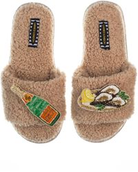 Laines London - Teddy Toweling Slipper Sliders With Champers & Oyster Brooches - Lyst