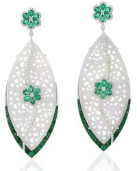 Artisan - 18k White Gold Marquise Shape Earrings Diamond Carving Jade Emerald Dangle Earrings Handmade Jewelry - Lyst