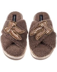 Laines London - Neutrals Neutral Boucle Slippers With & Pearl Beaded Stripe Bow Brooches - Lyst
