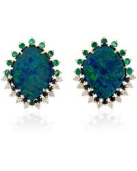 Artisan - 18k Yellow Gold Diamond Designer Opal Doublet Emerald Sapphire Stud Earrings Handmade Jewelry - Lyst