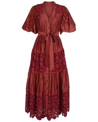 Modenaire - Lace Panel Midi Dress With Puff Sleeves And Defined Waist - Lyst